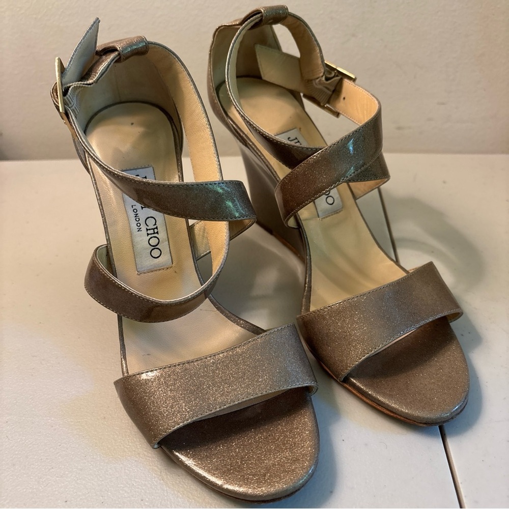 Jimmy Choo London Shoes Size 6 US 36 1/2 EU Wedge Sandals Metallic Champagne